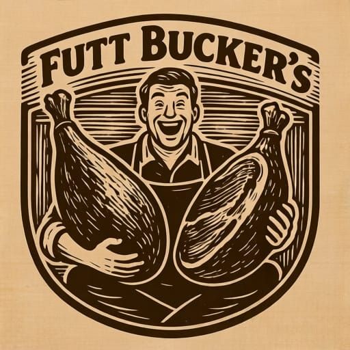 Excited Man With Hams at Futt Bucker's Tavern Logo