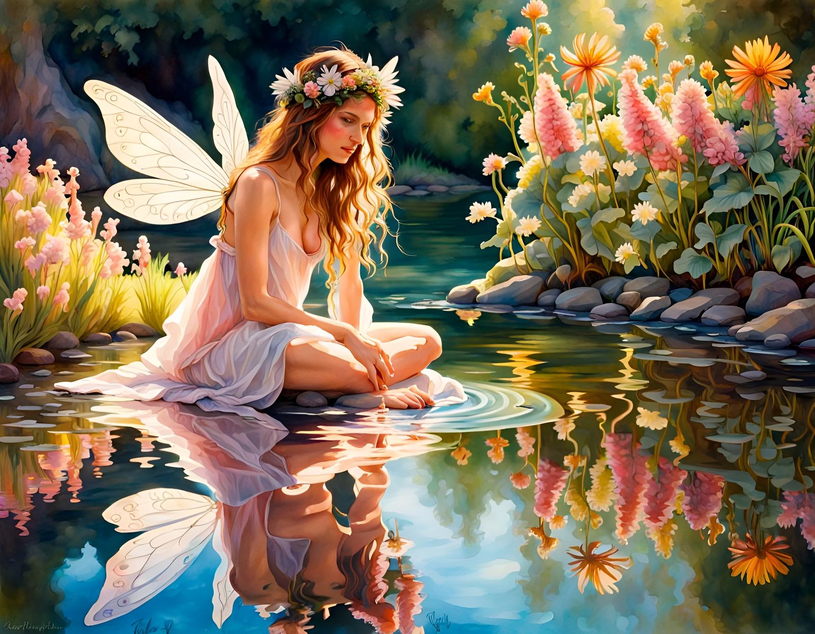 Fairy Princess Reflection in Hyperrealistic Watercolor