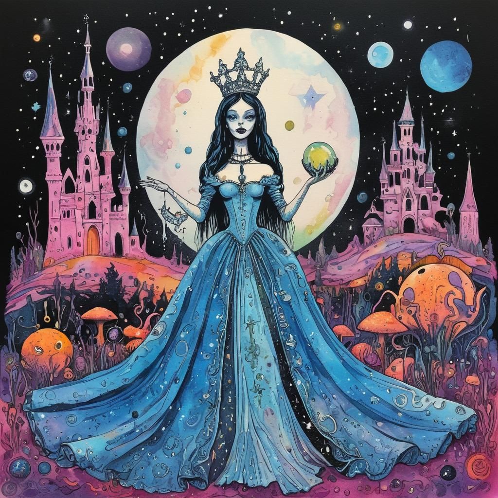 Gothic Alien Cinderella in Psychedelic Gouache Style