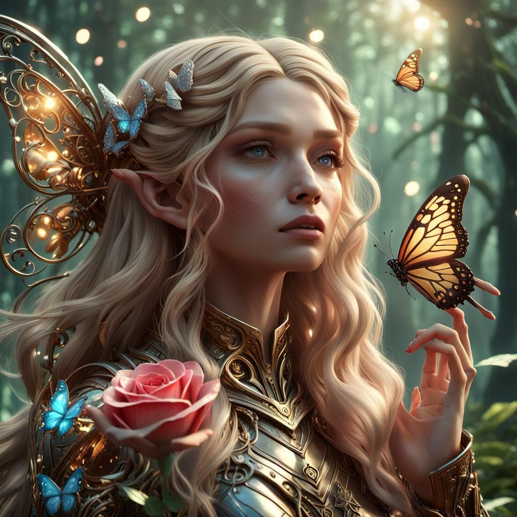 Elf Queen on Rose with Butterfly in Sci-Fi Style