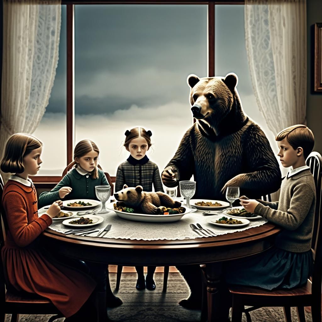 Family Dinner with Bear in Edward Gorey Style