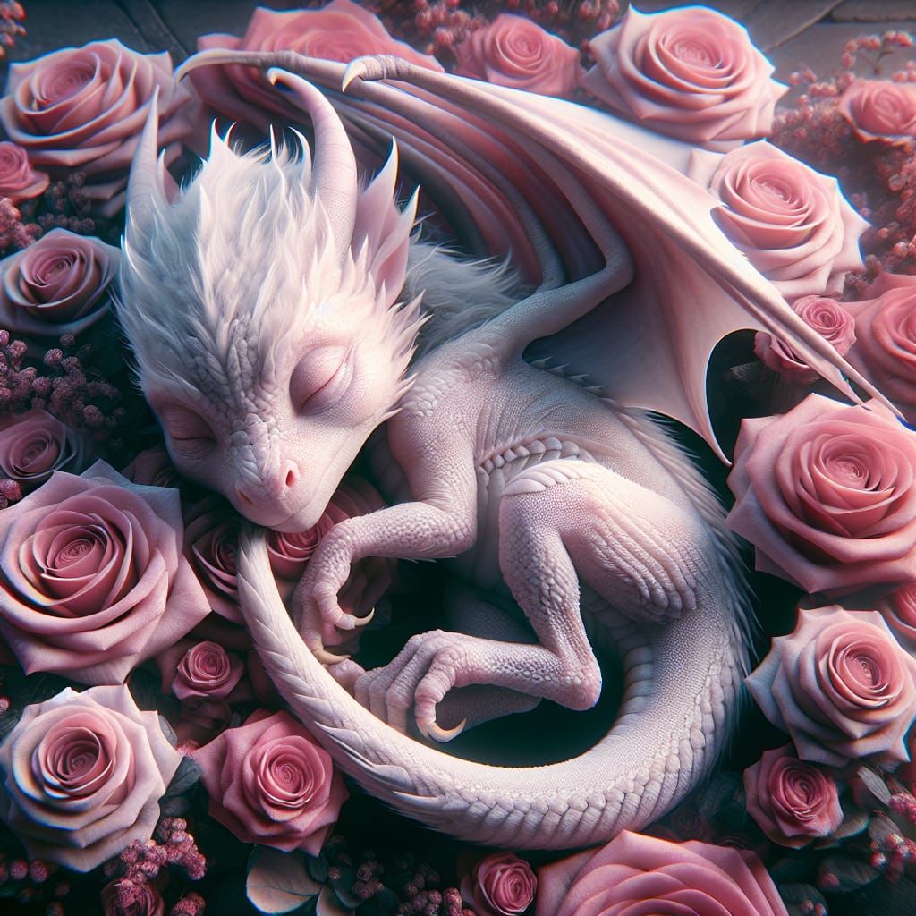 Sleeping White Dragon in Rose Garden: Fantasy Art