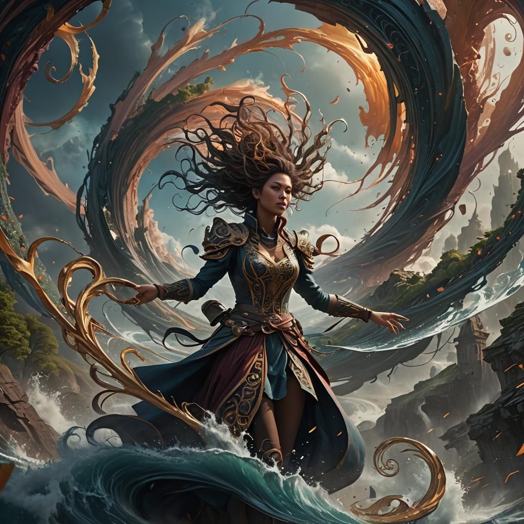 Woman Manipulating Wind Forces in Detailed Digital Painting