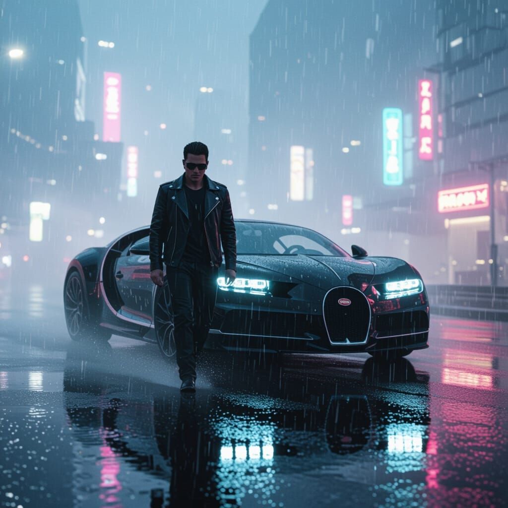 Cyberpunk Man Exiting Bugatti in Rainy Cityscape