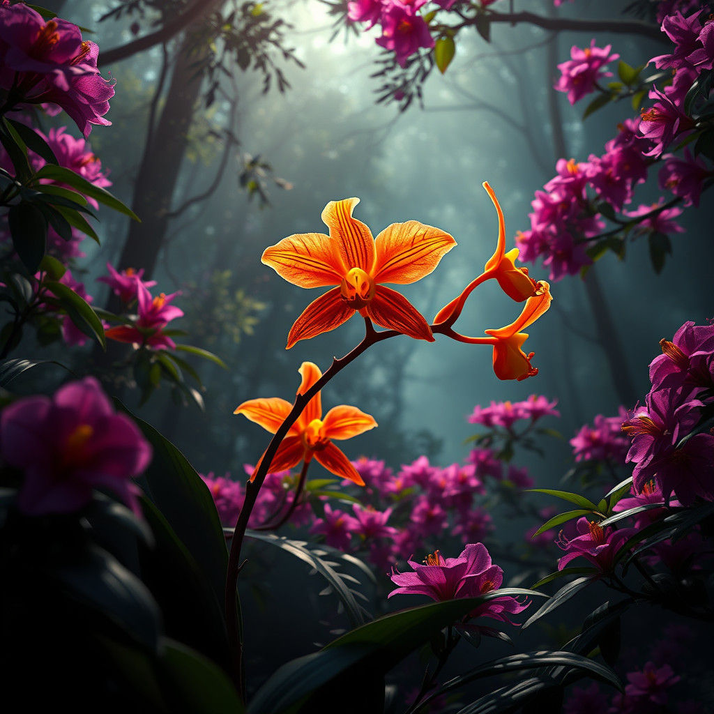 Fire Orchid in Rainforest, Dark Fantasy Concept Art