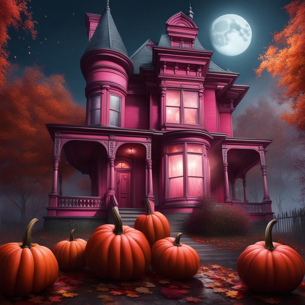 Pink Victorian House in Autumn, Hyperrealistic Concept Art