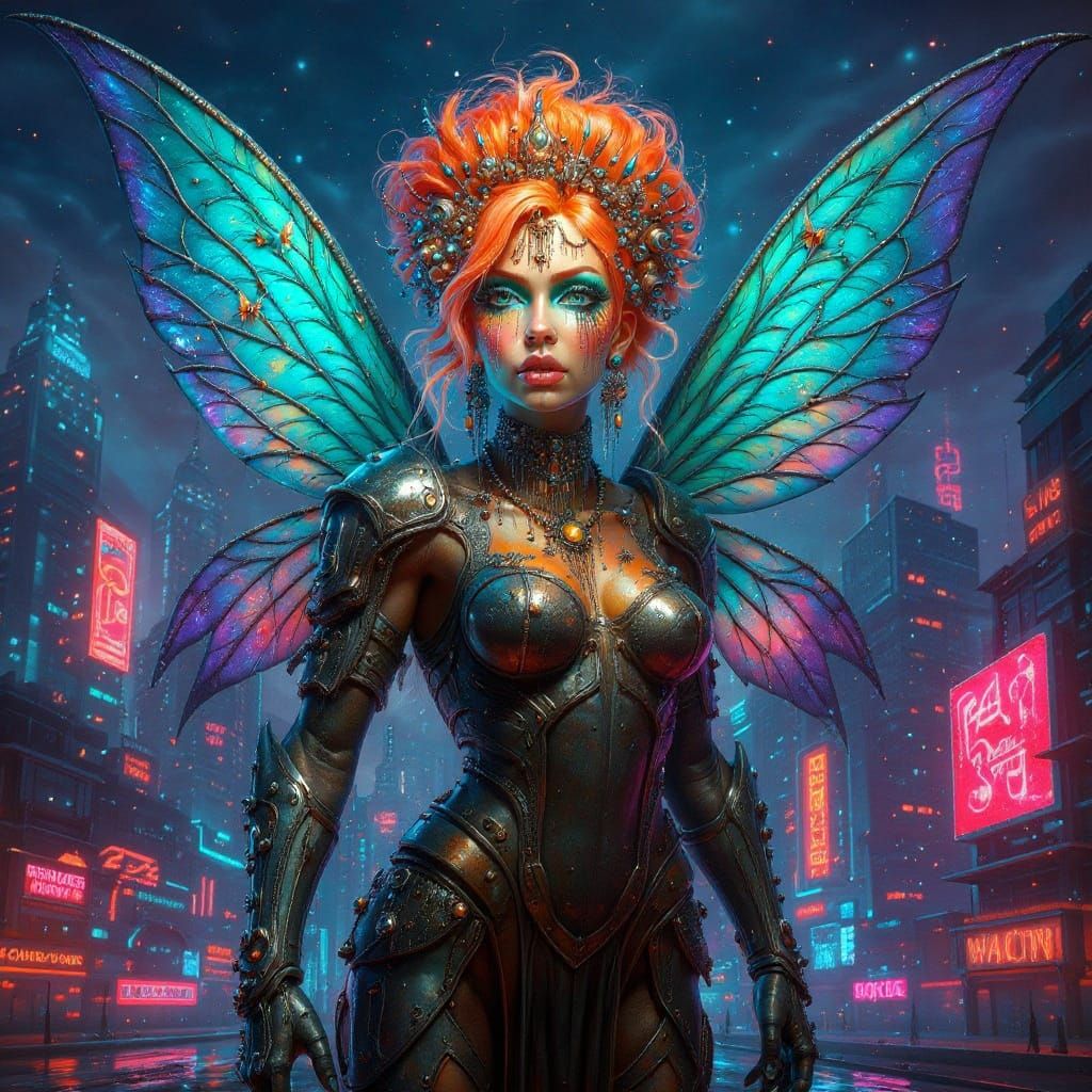 Cyberpunk Fairy with Neon Wings in Cityscape