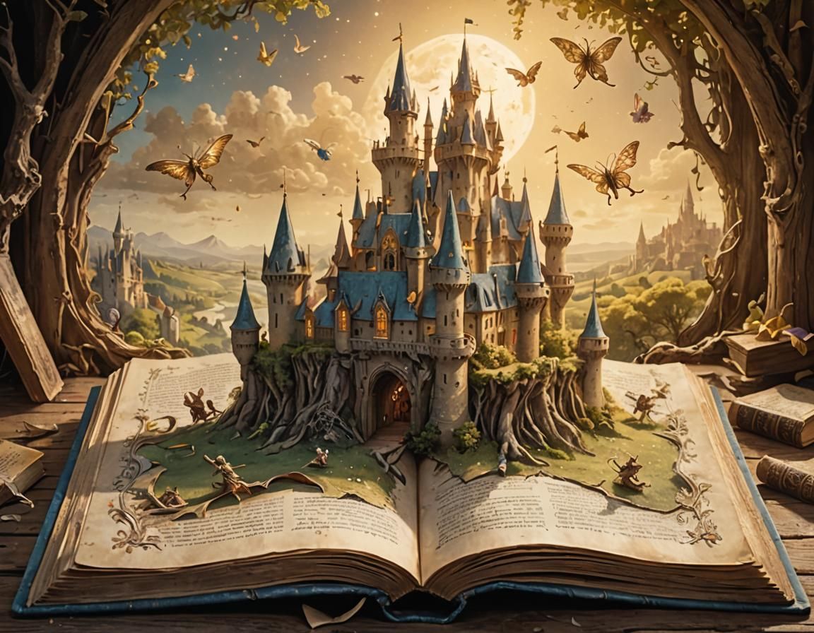 Enchanted Antique Book with Emerging Fantasy Illustrations