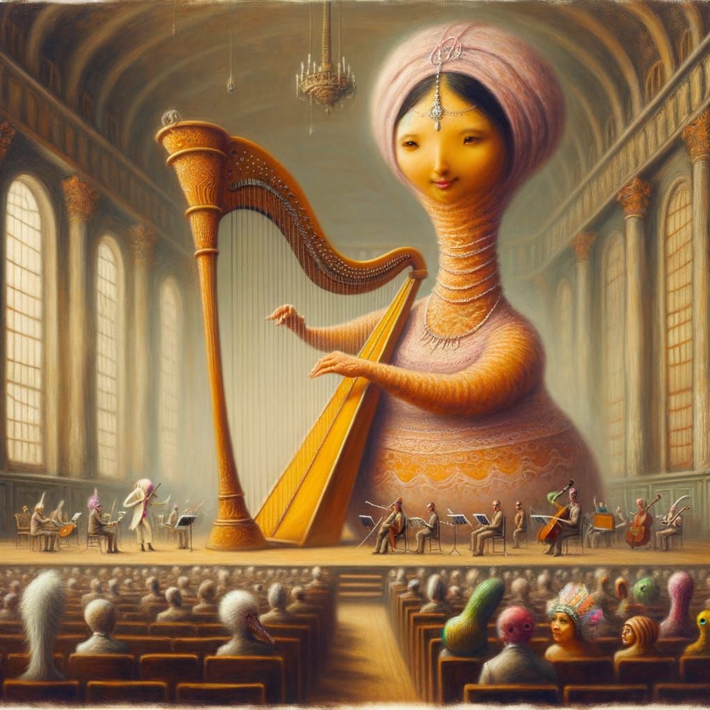 South Asian Harpist in Surreal Concert Hall