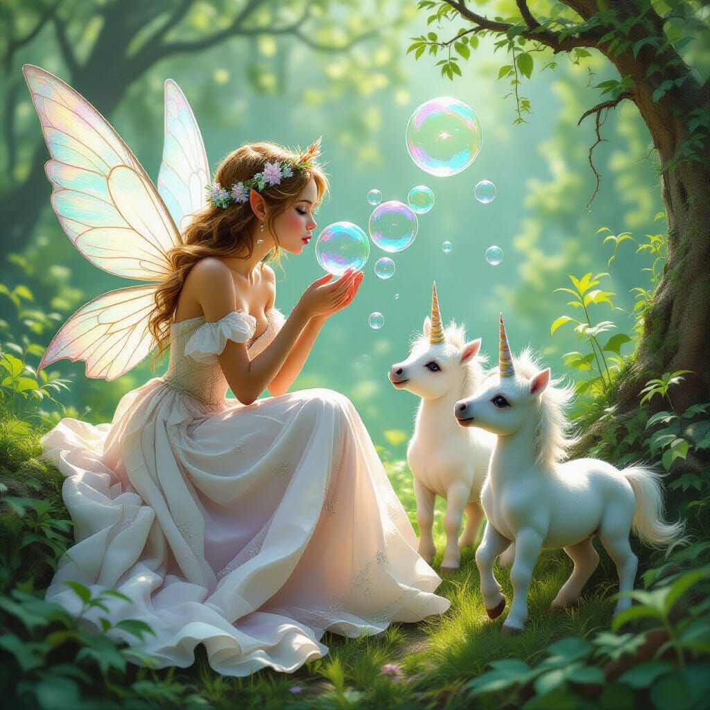 Fairy and Unicorns with Soap Bubbles, Dreamlike Scene