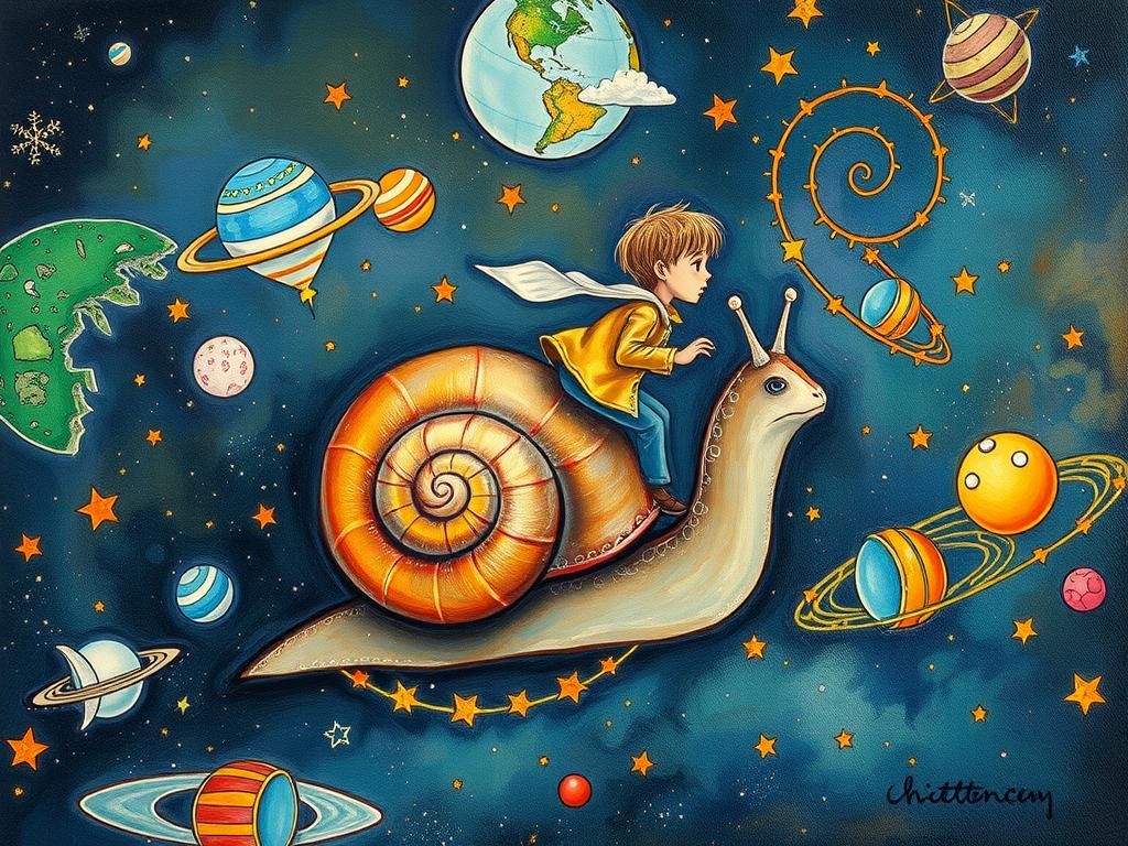 Little Prince's Cosmic Snail Journey in Mixed Media