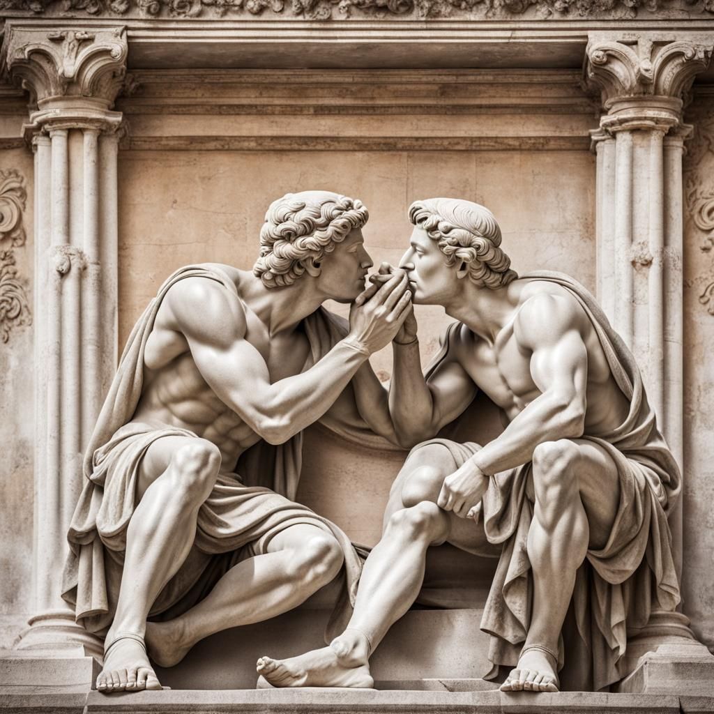 Ancient Marble Statues Kissing in Antique Theatre