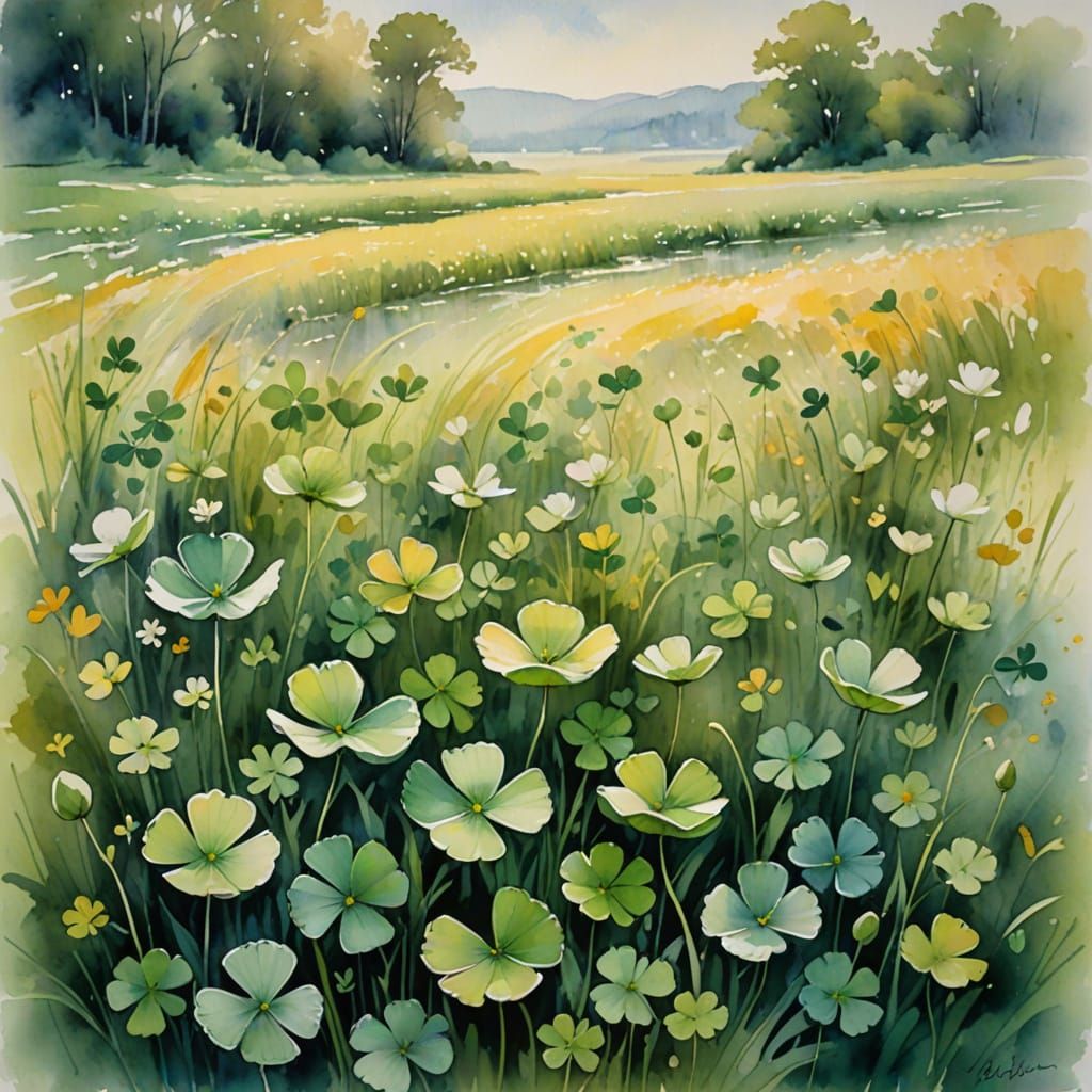 Ethereal Field of Four Leaf Clovers in Impressionistic Water...