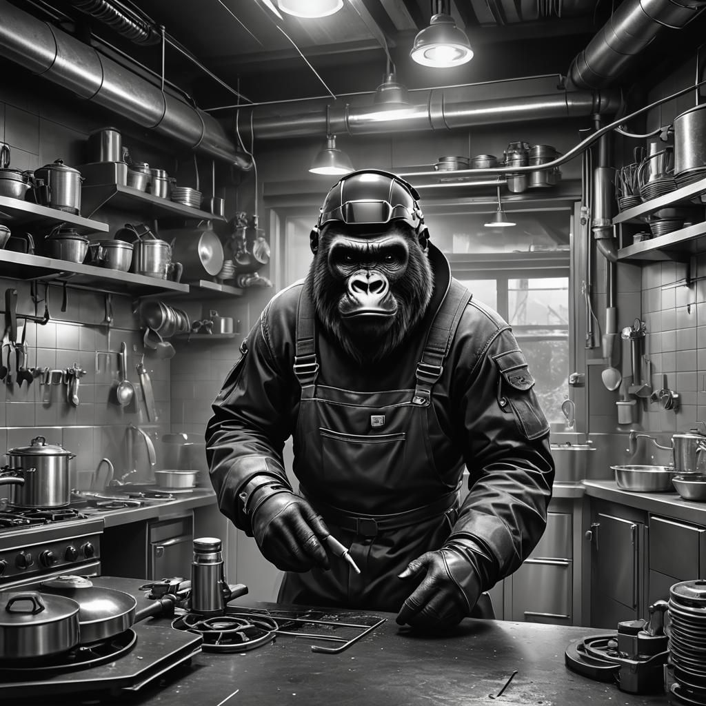 Gorilla Welder in Kitchen: Detailed Black and White Art