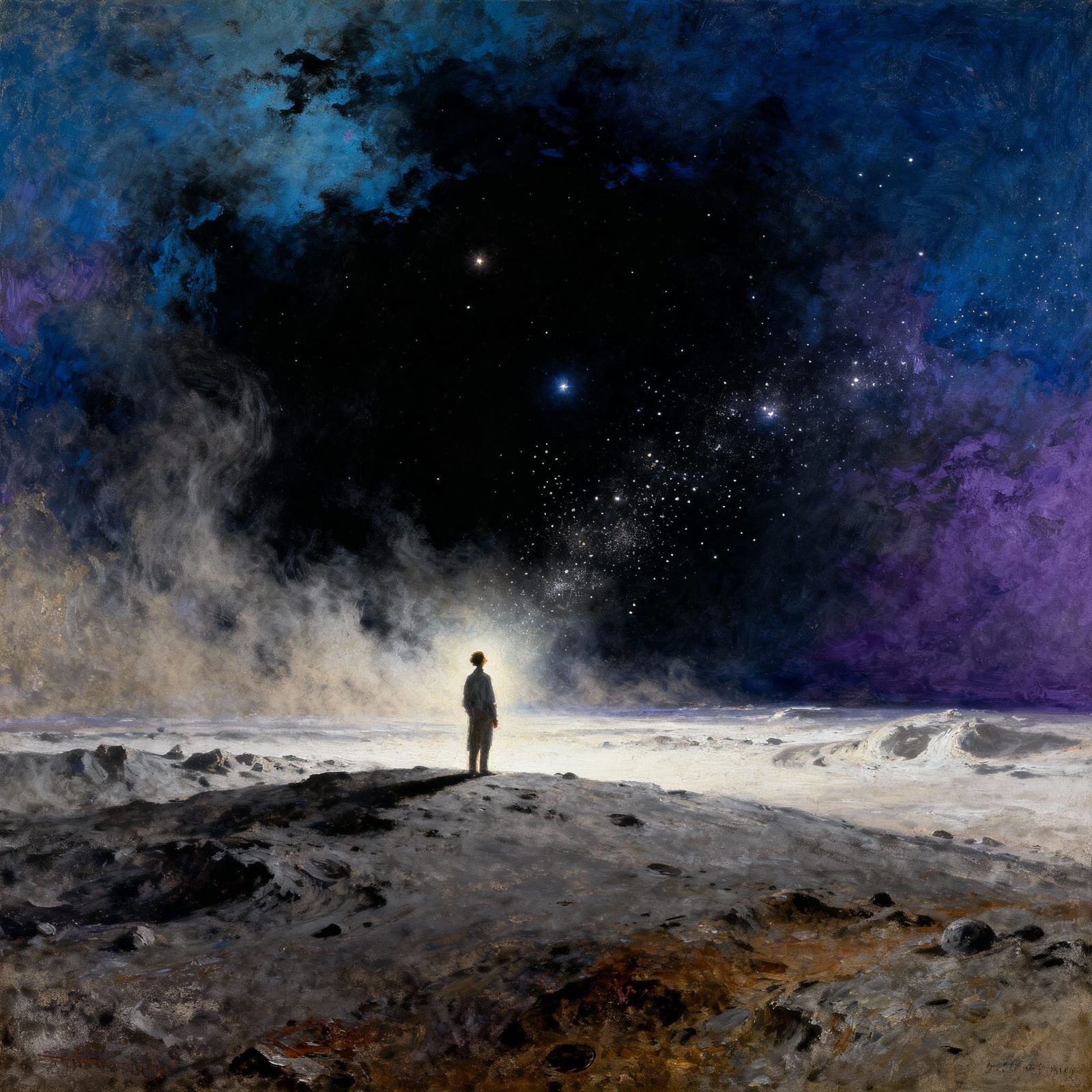 Solitary Figure Gazes at Fading Starlight in Romanticism Mas...