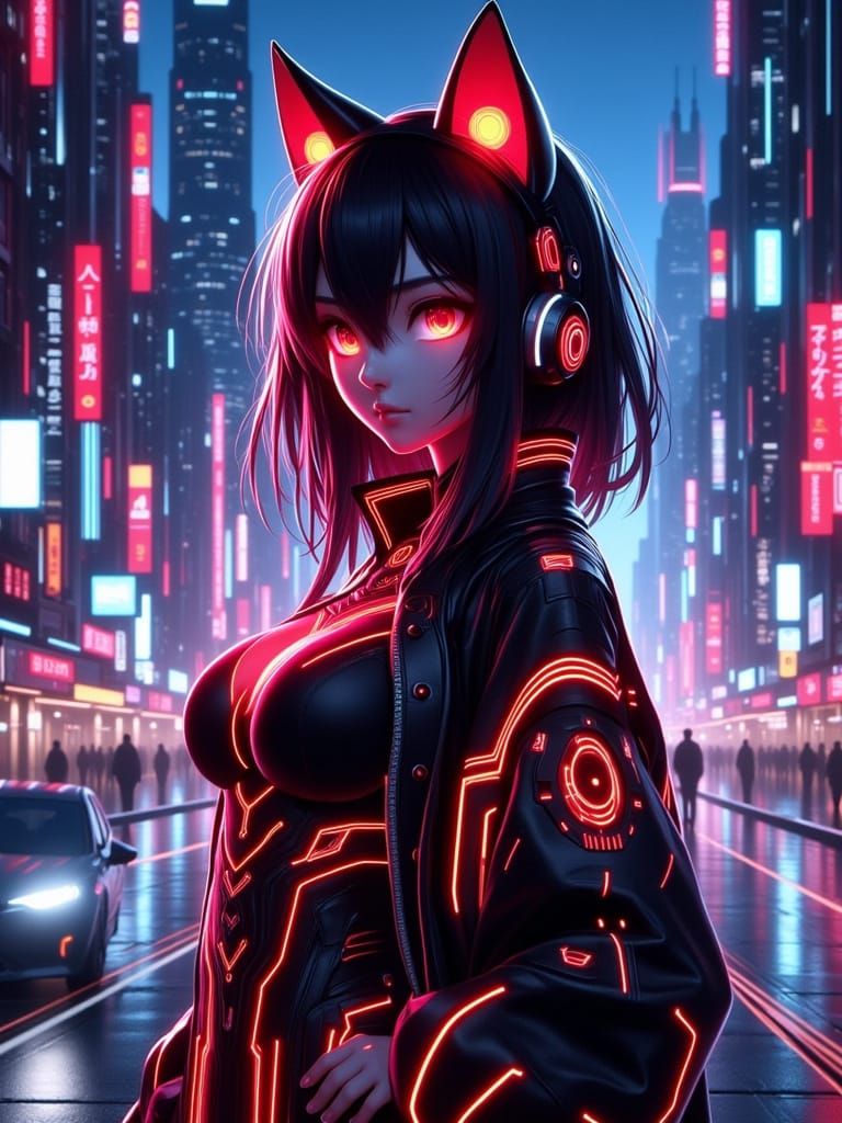 a futuristic, high-tech cat-eared woman in a black and glowing red traditional Miko style outfit, surrounded by a vibran...