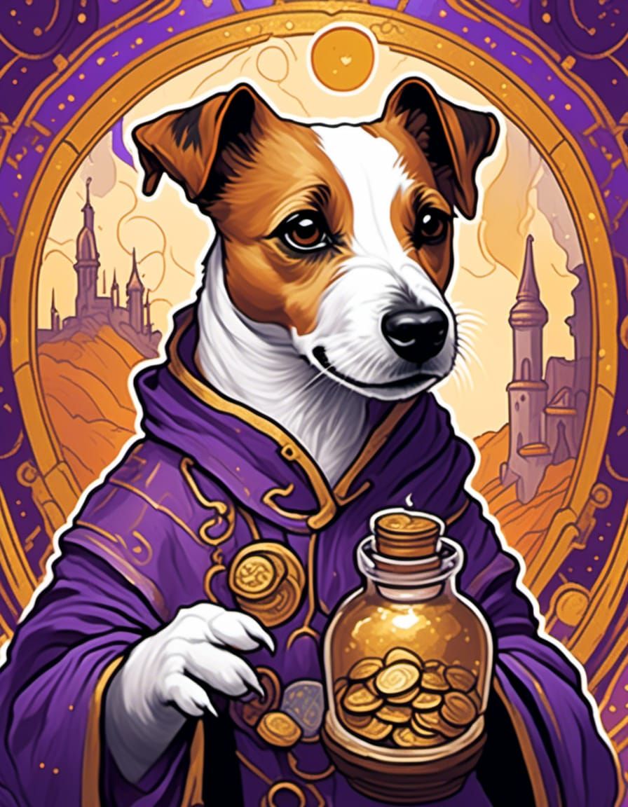 Alchemist Jack Russell Terrier with Gold Coin Flask