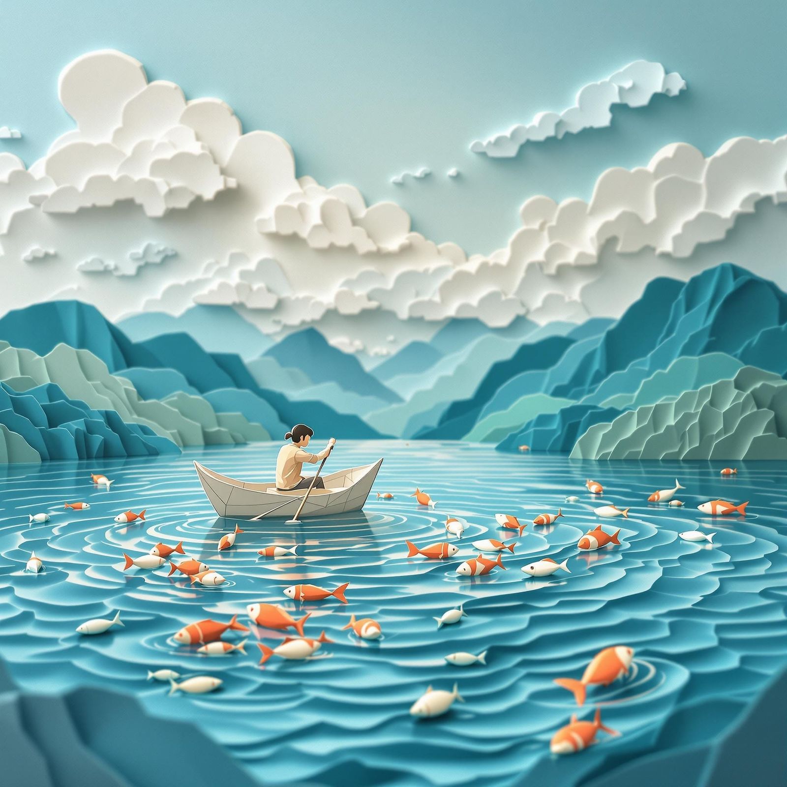 Origami Boat Scene with Delicate Paper Textures