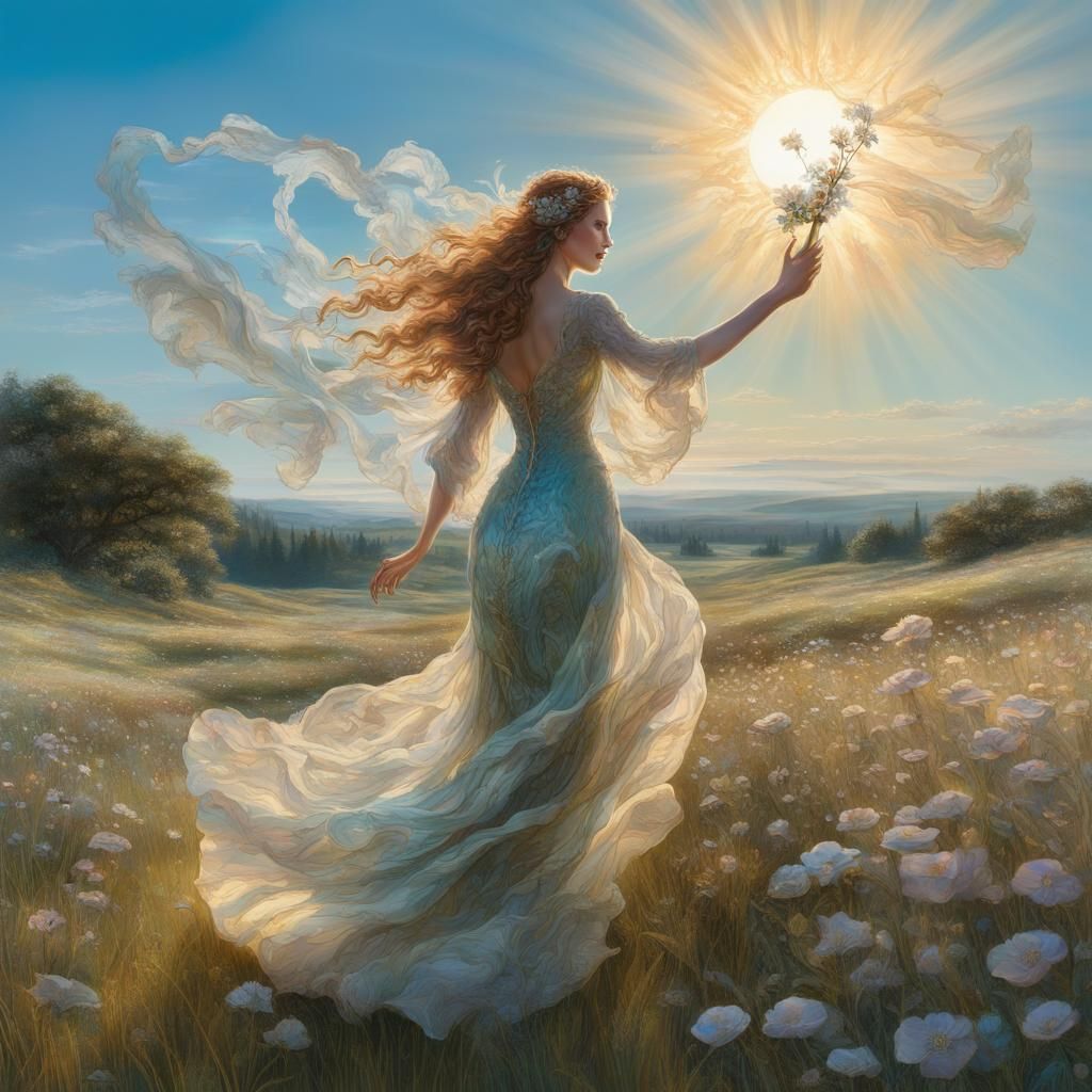 Opalescent Silk Autograph with Girl in Meadow