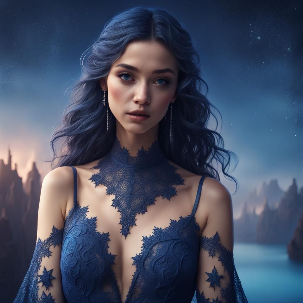 Blue Gradient Lace with Stars: Detailed Fantasy Art
