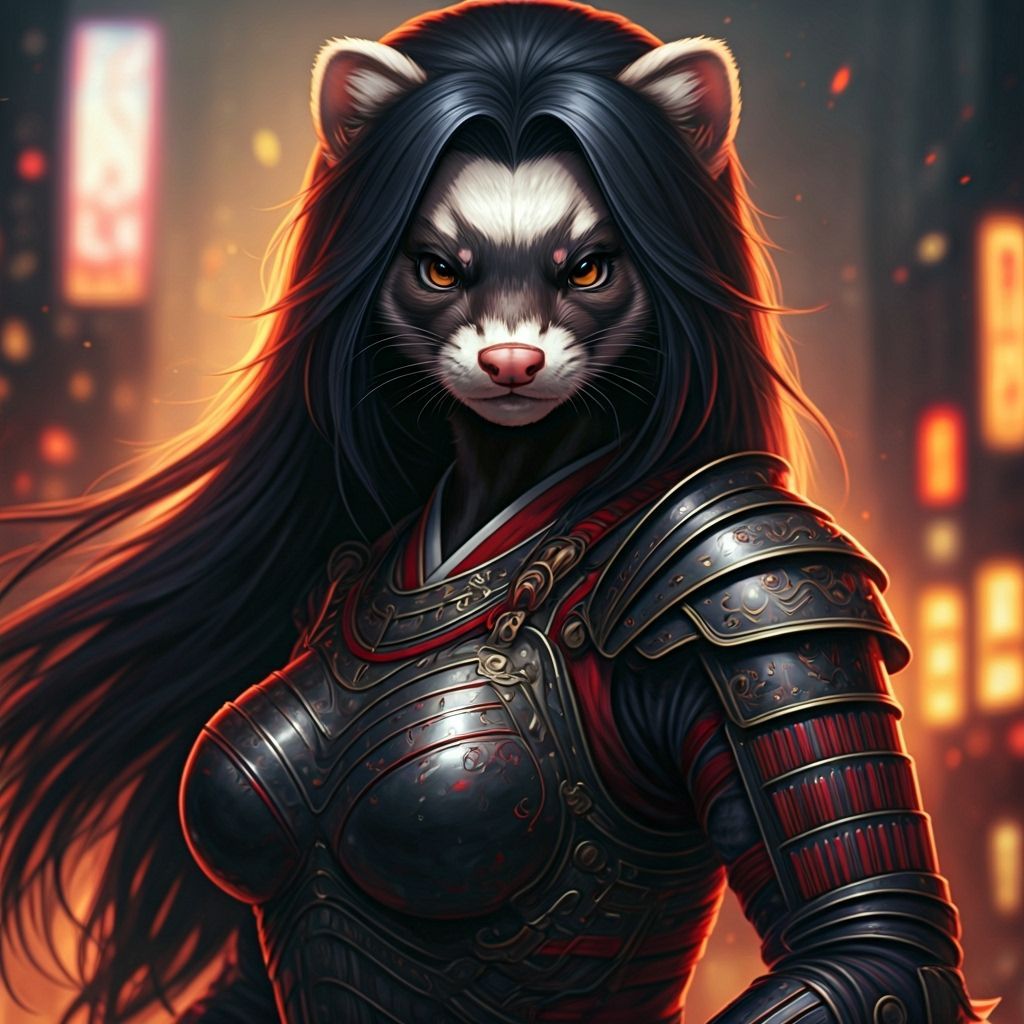 Manga Anthro Ferret Samurai in Cyberpunk City