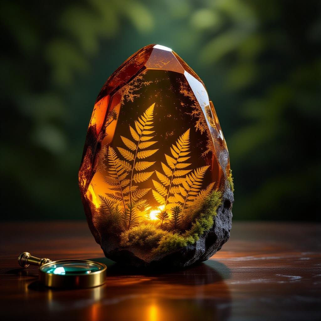 Glowing Amber Crystal With Ancient Flora, Magnifying Glass