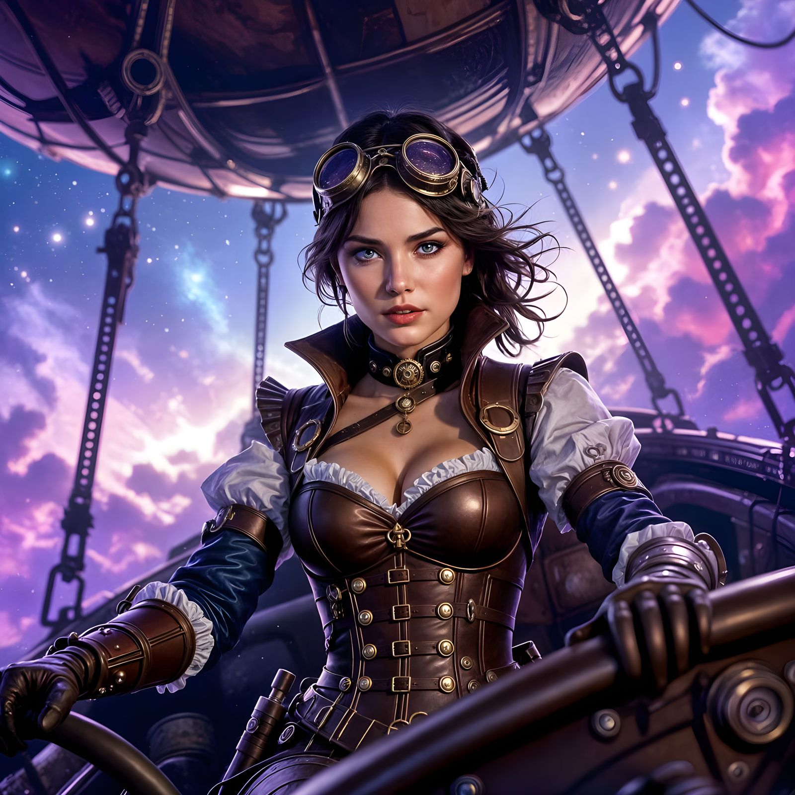 Steampunk Woman Pilots Airship Through Cosmic Nebula