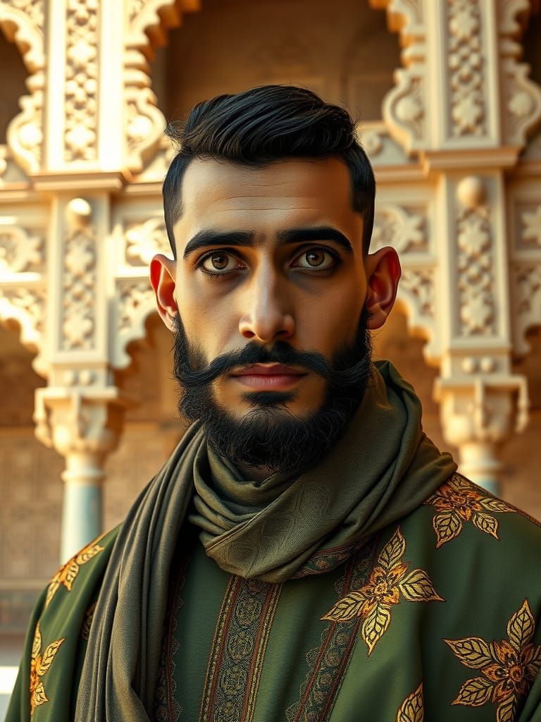 Moroccan Noble in Traditional Attire with Alhambra Palace