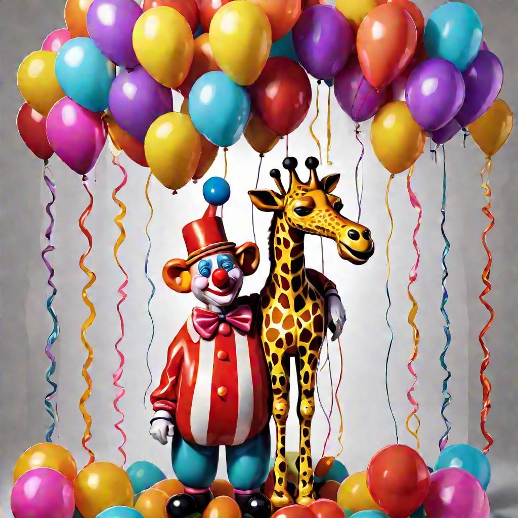 A clown sculpting long balloons into the shape of dog and giraffe animal shaped party balloons. Candy art style! Whimsic...