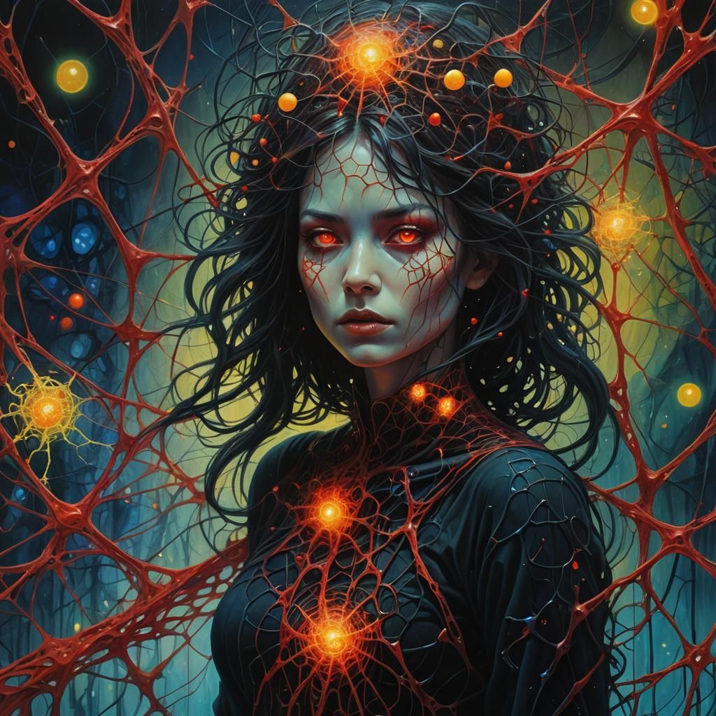 Luminous Woman Navigates a Surreal Molecular Realm