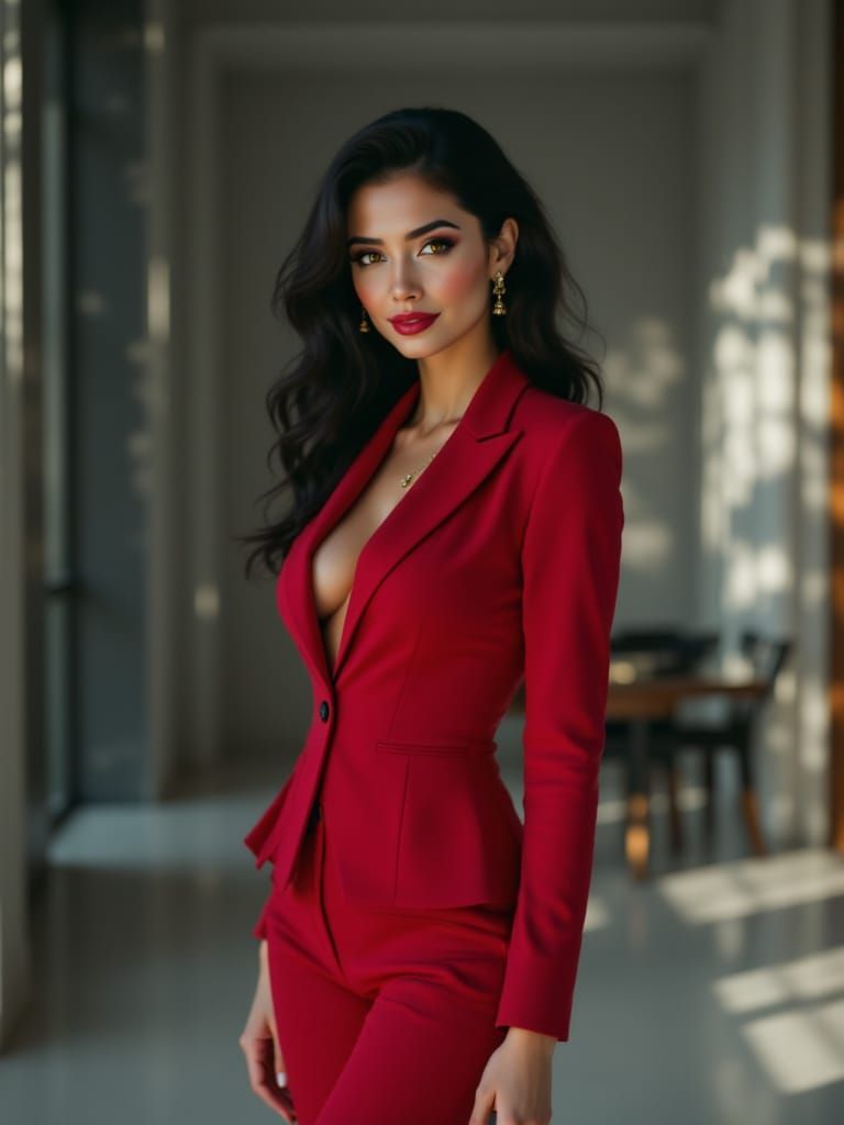 Confident Latina Businesswoman in Crimson Power Suit