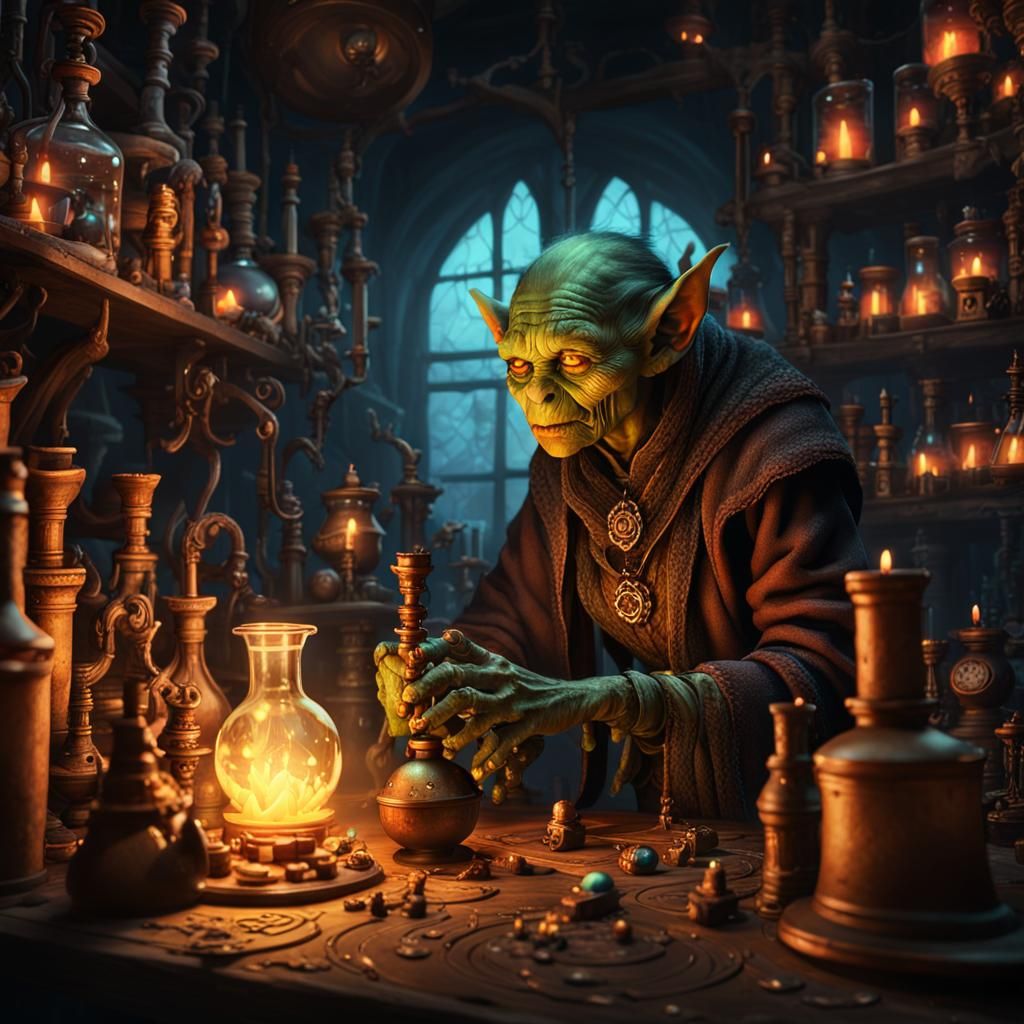 Goblin Alchemist in Dimly Lit Fantasy Laboratory