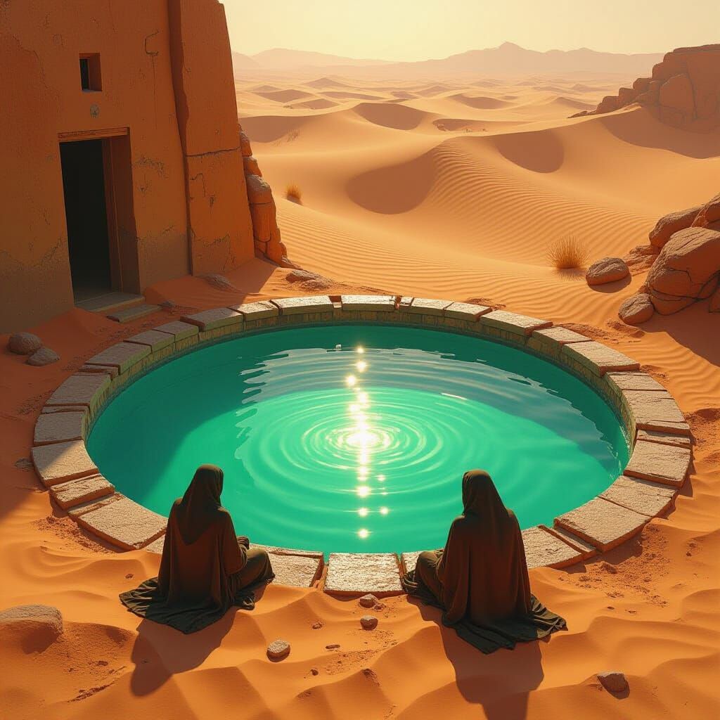 Ethereal Pool in Shadowed Desert: Dark Fantasy Art