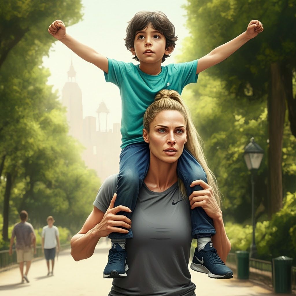 Boy on Shoulders of Athletic Italian Woman in Park