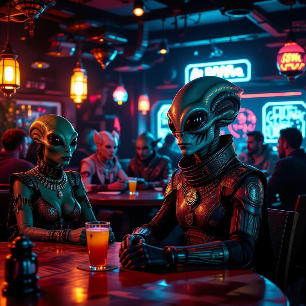 Alien Tavern on Distant Planet, Warmly Lit