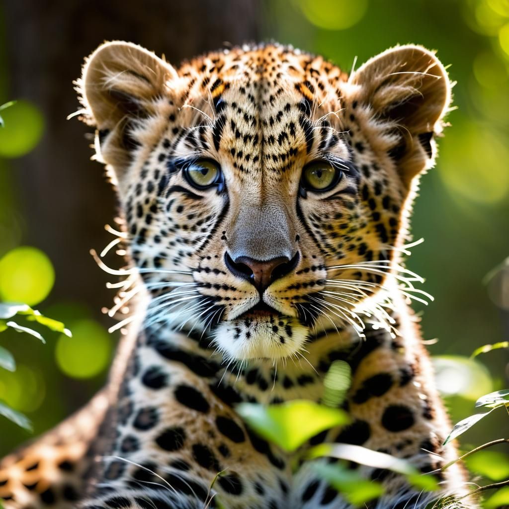 Leopard Cub Portrait in Sun-Dappled Forest