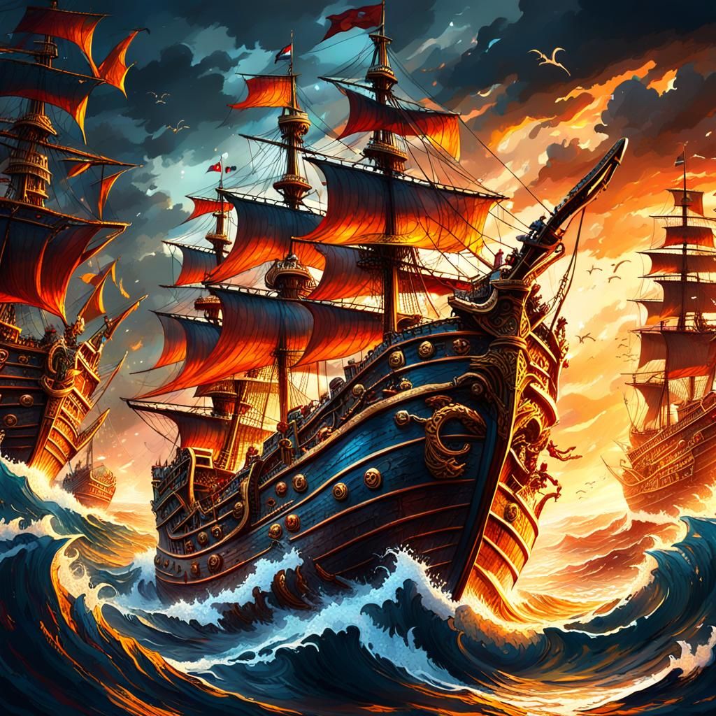Pirate Ships Clash in Stormy Seas: Fantasy Art