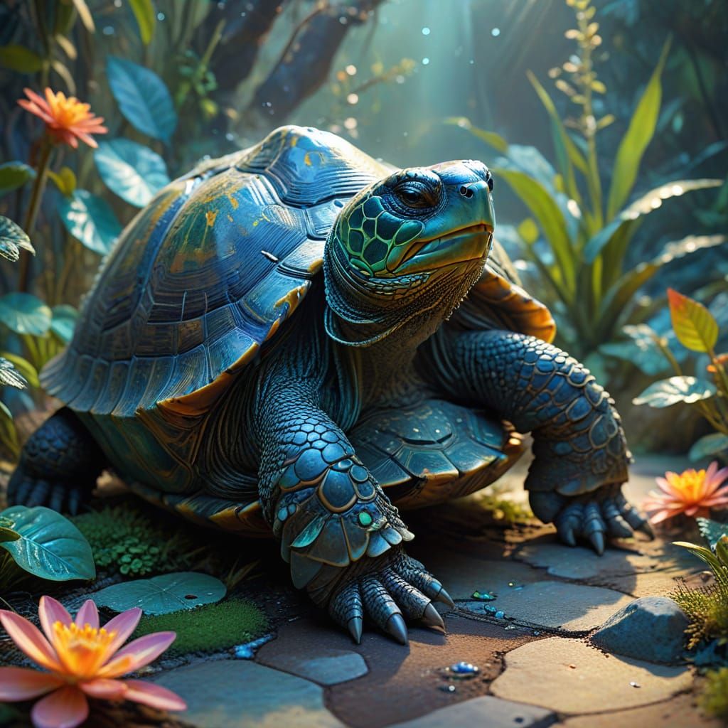 Wise Tortoise Meditating in Bioluminescent Zen Garden
