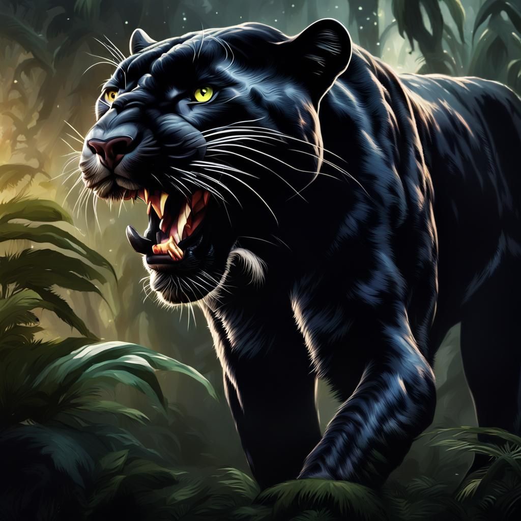 Roaring Black Panther Head in Jungle Darkness