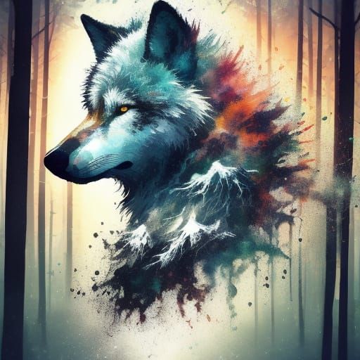 Wolf in Magical Forest Watercolor Splash Art