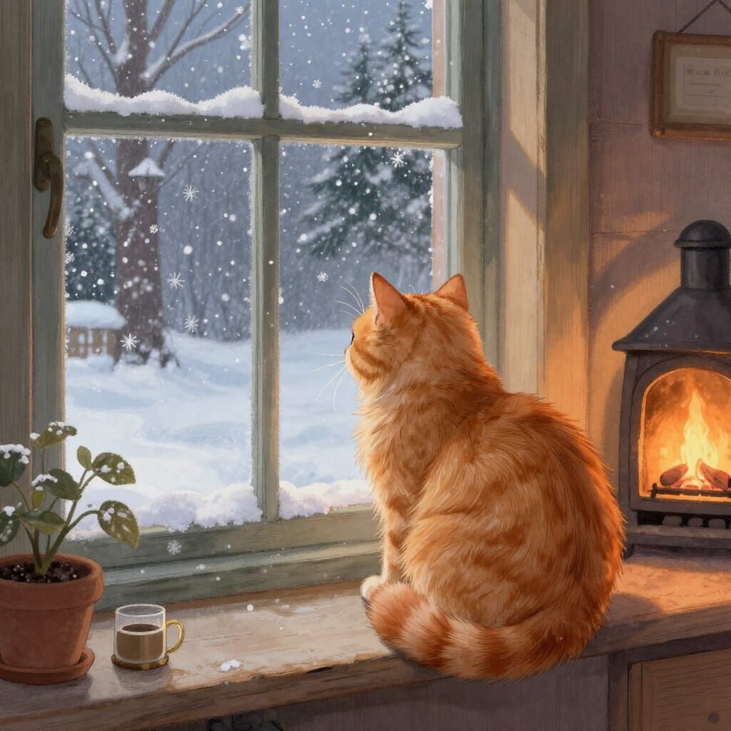 Fluffy Ginger Cat Watches Snowfall in Cozy Cottage