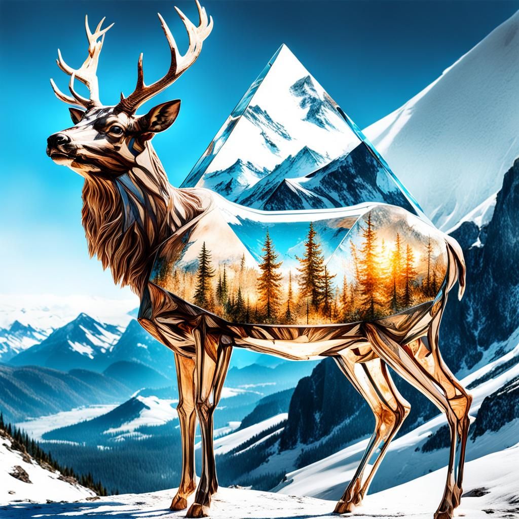 Crystal Deer and Mountains in Double Exposure