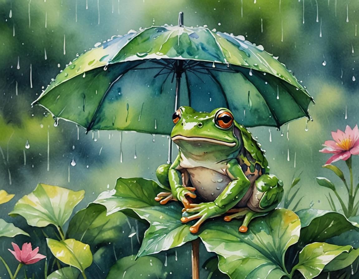Happy Frog in Rainy Garden: Watercolor Impressionism