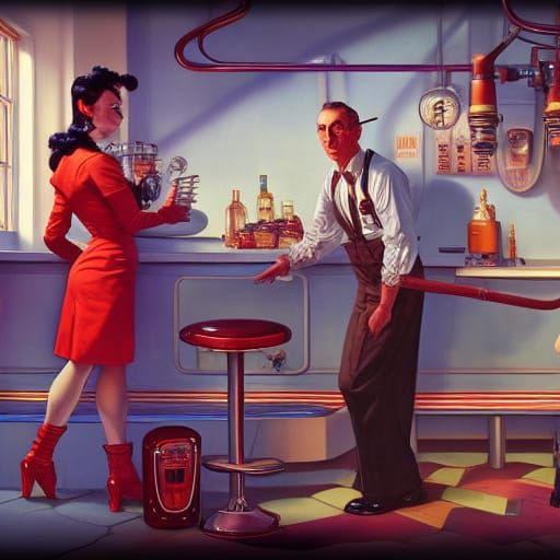 Atompunk Diner Waitress: Detailed Matte Painting