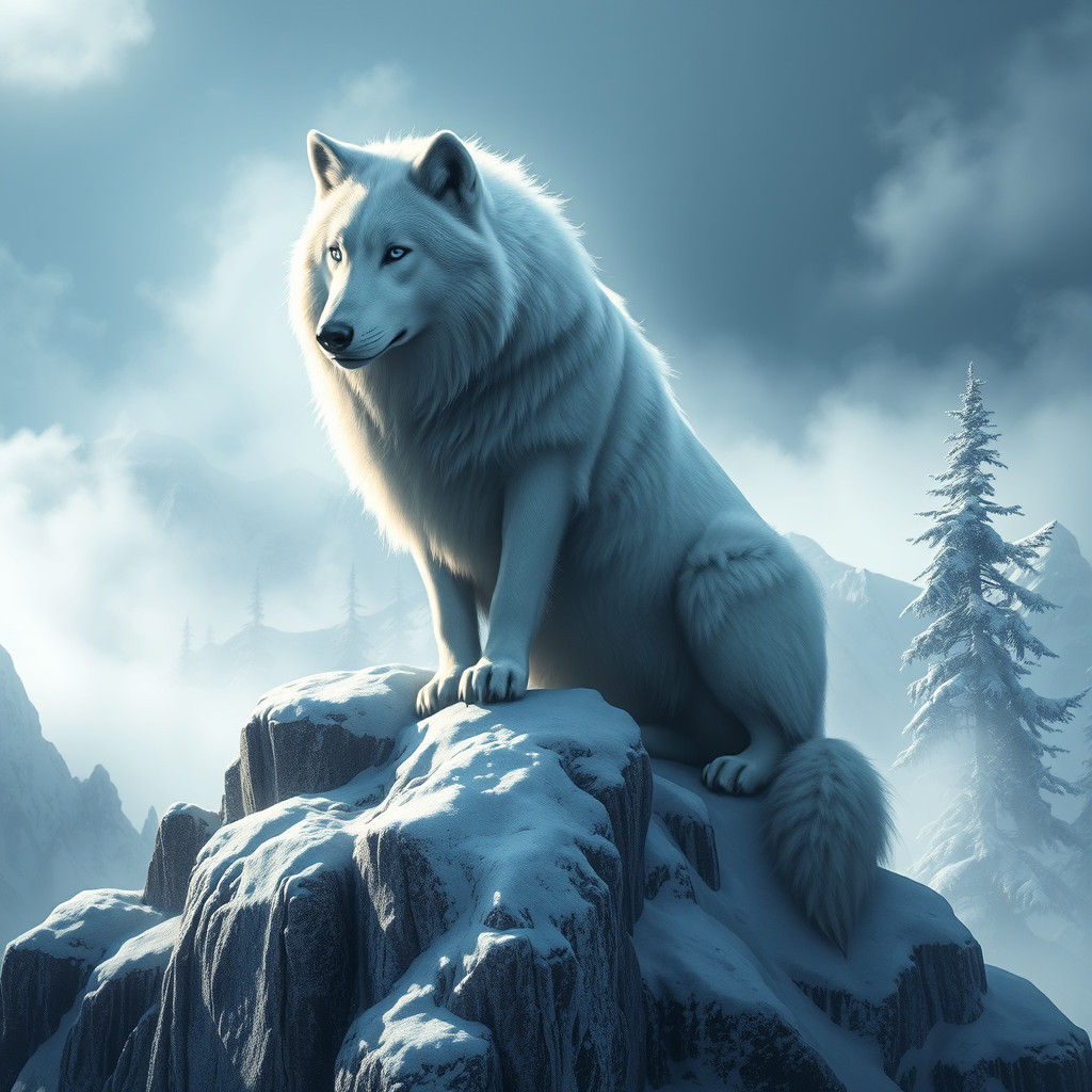 Regal White Wolf on Snowy Mountain Peak