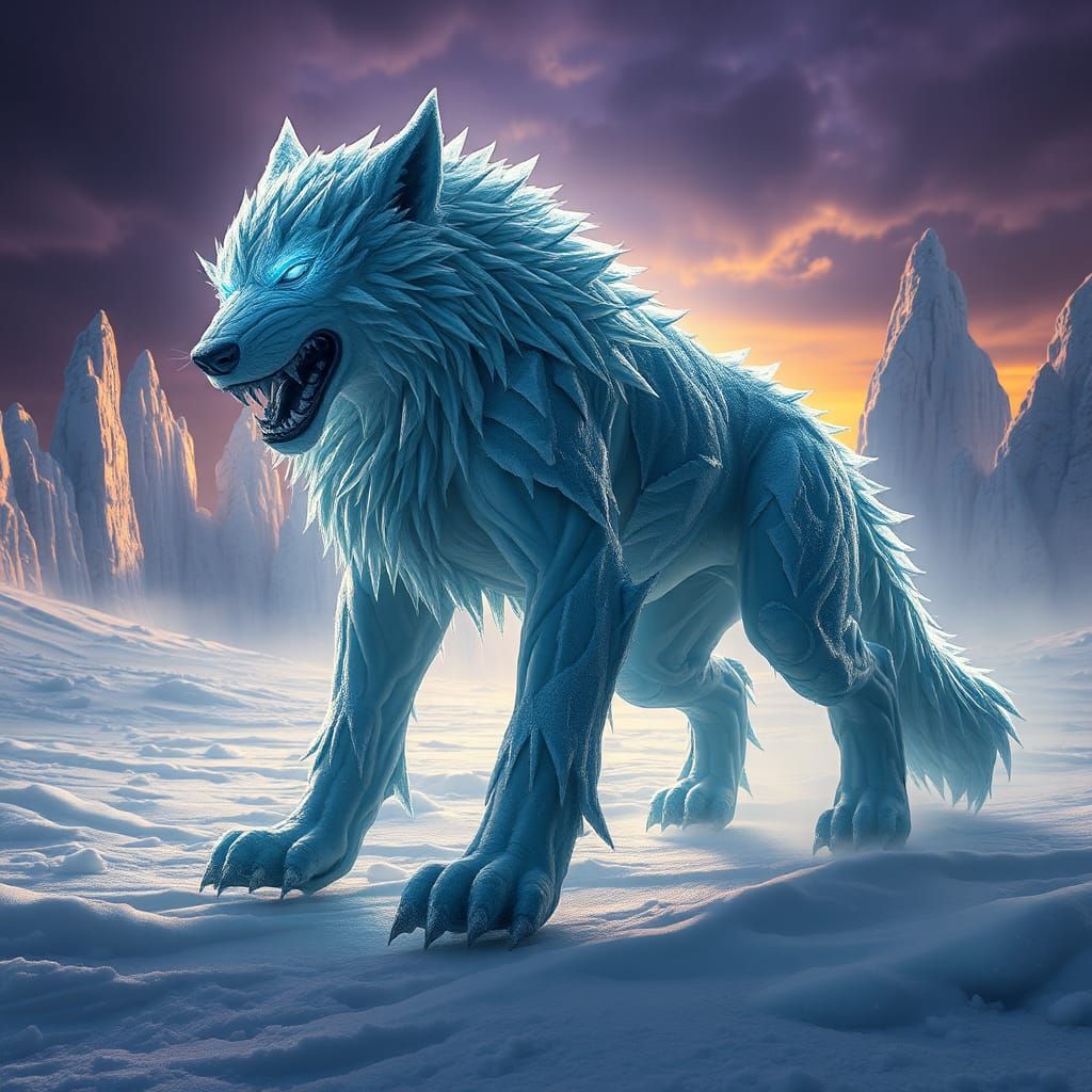 Icy Wolf Hybrid Roaring in Frozen Tundra