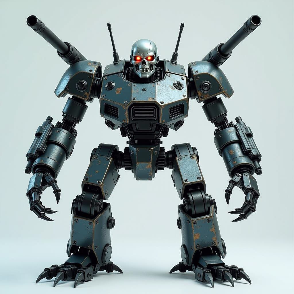 Menacing Steel Automaton with Miniguns and Missile Launchers