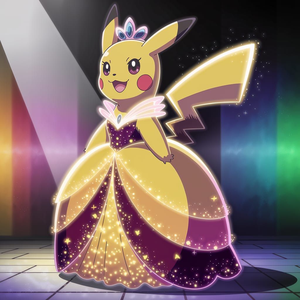 Anime Princess Pikachu in a Golden Gala Gown with a Glowing ...