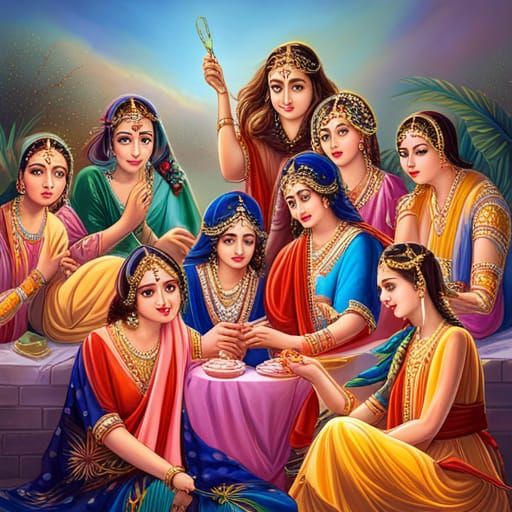 Radha Krishna with Eight Friends