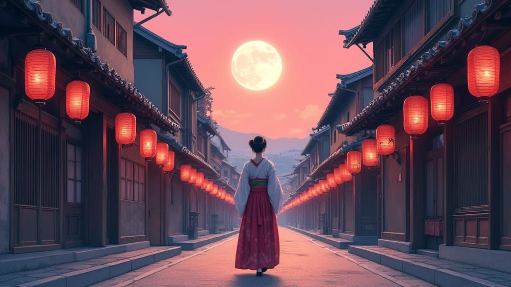 Japanese Woman in City Street, Anime Style